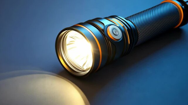Illuminated flashlight on a blue surface, tool