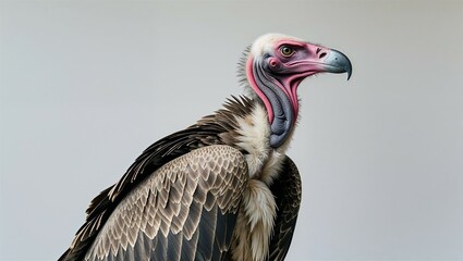 Side profile of vulture with wings folded and head turned slightly, on clean white