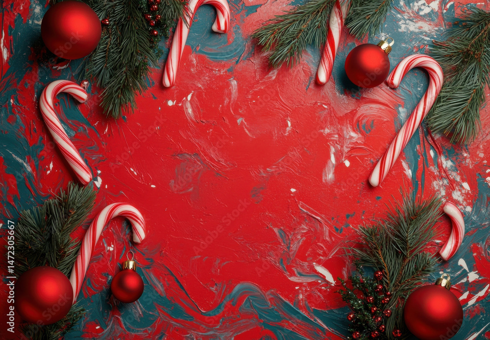 Poster festive christmas background with candy canes, red baubles, and fir branches arranged on a red and t