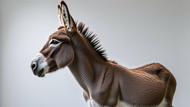 Side view of donkey in relaxed stance, ears forward, full profile visible on white