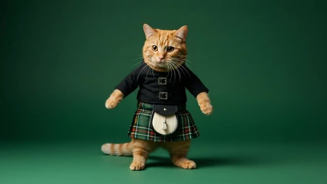Ginger cat dressed in kilt with copy space on green studio background