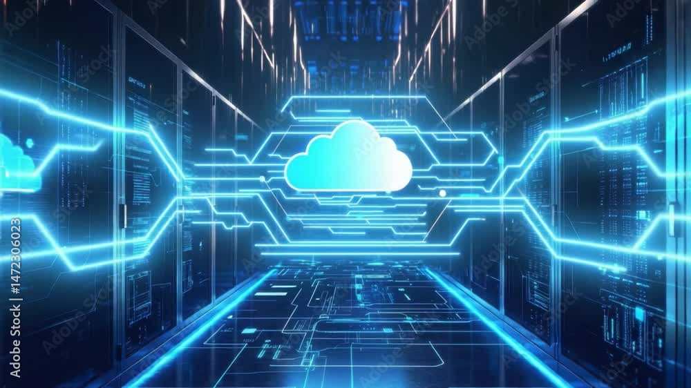 Poster futuristic data center with cloud computing technology in network environment 4k video footage