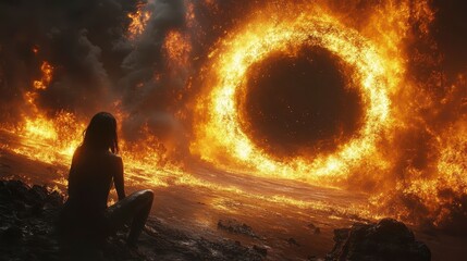 Woman gazes at fiery portal with intensity amidst a devastated, rocky landscape