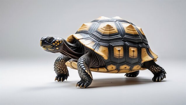 Side view of Indian star tortoise walking slowly, shell pattern clear, isolated on white