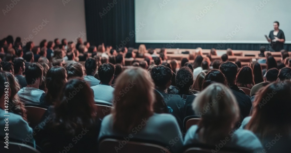 Aufkleber A large audience attentively listens to a speaker during a presentation in a dimly lit auditorium.  Rows of people are seated, facing a screen and a person giving a talk. : Generative AI