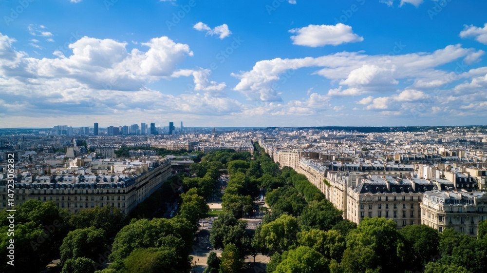 Poster elevated view of paris cityscape, showcasing a tree-lined avenue stretching towards a modern skyline