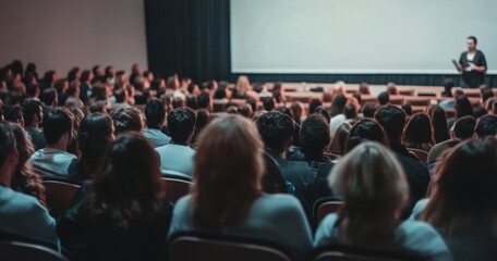 Fototapeta na wymiar A large audience attentively listens to a speaker during a presentation in a dimly lit auditorium. Rows of people are seated, facing a screen and a person giving a talk. : Generative AI