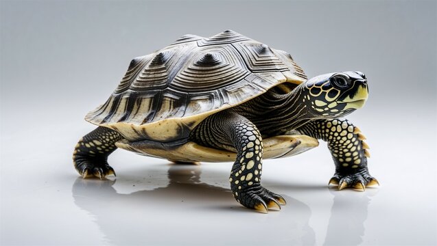 Side view of mud turtle crawling with legs extended and shell smooth, on clean white