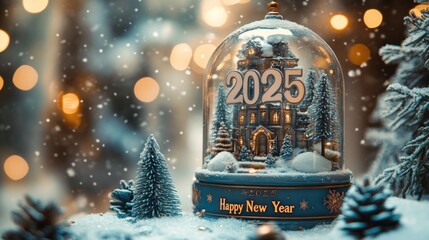 2025 Snow Globe with house, trees, festive lights, and falling snow