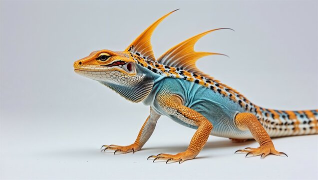 Side view of sailfin lizard with raised dorsal crest and claws visible, on white background