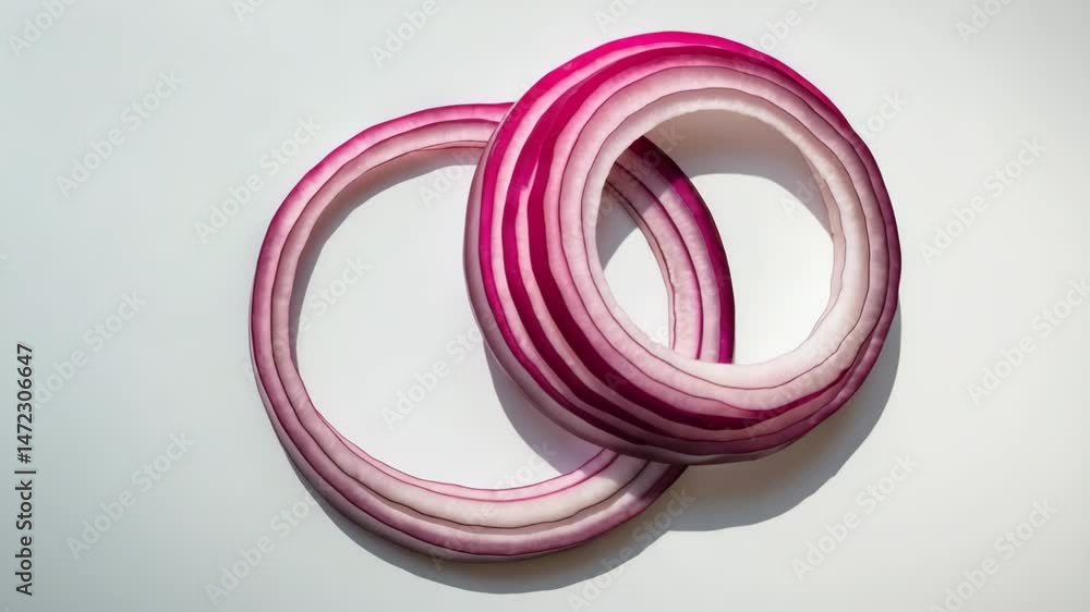 Poster red onion fragments against a background. aerial view. flat lay. red onion slice floating without a 