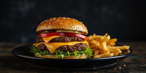 Gourmet Beef Cheeseburger with Toppings on Dark Plate