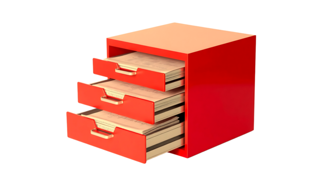 Small filing drawers unit in royal red color with pull out drawers revealing paperwork on a transparent background.