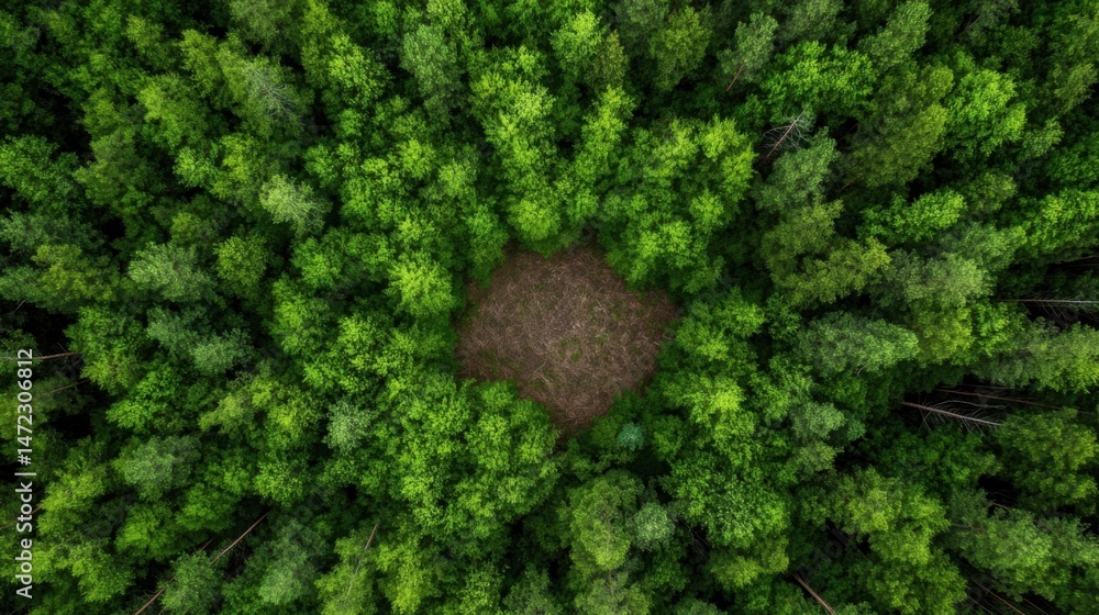 Aufkleber aerial view of a lush green forest with a central clearing, showing vibrant foliage and a contrast b