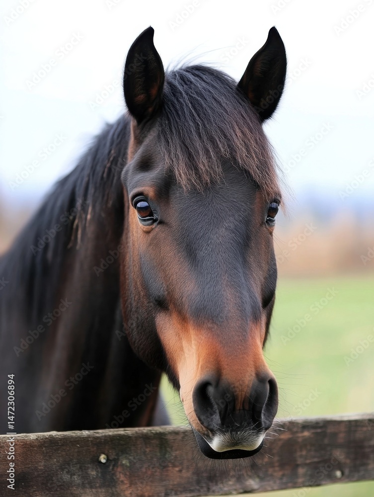 Poster close-up portrait of a bay horse with dark mane and tail, looking calmly over a wooden fence in a pa