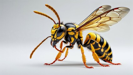 Obraz premium Side view of yellow jacket wasp with wings open and stinger exposed, on white background