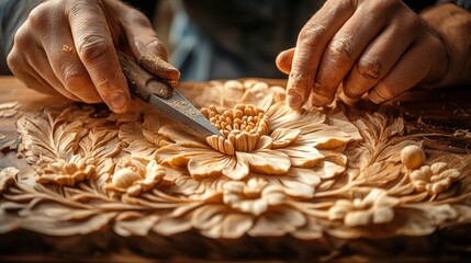 Carving intricate wooden flower design. Hands shaping a detailed peony relief on a workbench