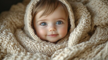Baby girl wrapped in beige knitted blanket, indoor portrait