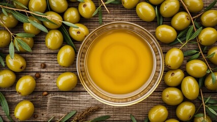 Gourmet Green Olives and Olive Oil in Glass Bowl - Wooden Background