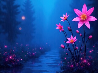 Obraz premium Beautiful pink flower garden with a path in the middle. The flowers are illuminated by a light abstract background and texture