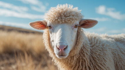 Fototapeta premium Fluffy White Sheep Headshot Against a Blue Sky 