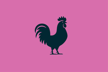 Silhouette of a majestic rooster in dark teal on a vibrant pink background for decorative purposes.
