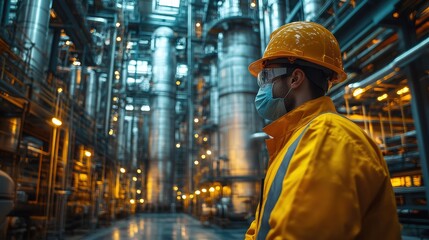 Obraz premium Worker in safety gear observes a large industrial facility with metallic structures and lights
