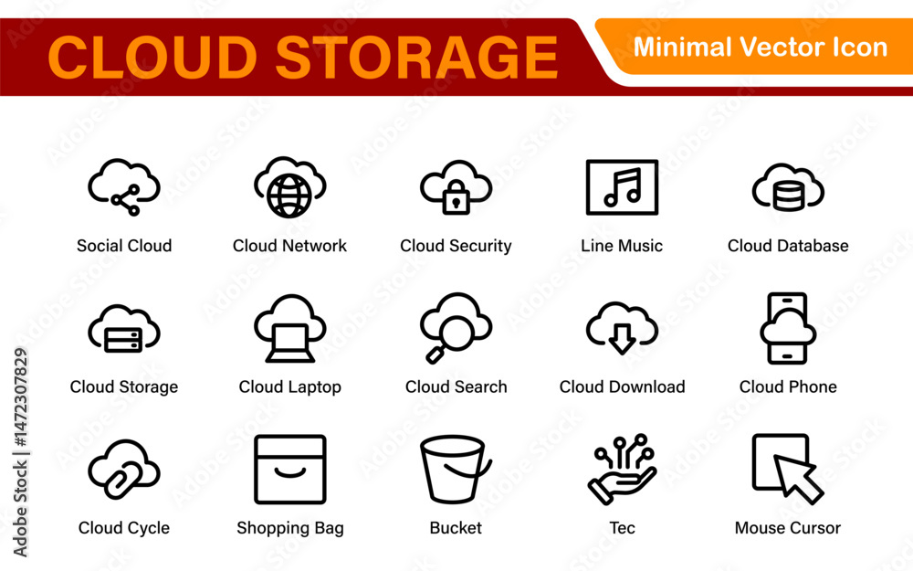 Poster cloud storage backup icon set – minimal outline vector illustrations for secure data, sync, upload, 