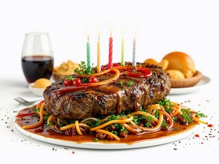 Gourmet Steak Dinner with Candles, Birthday Feast