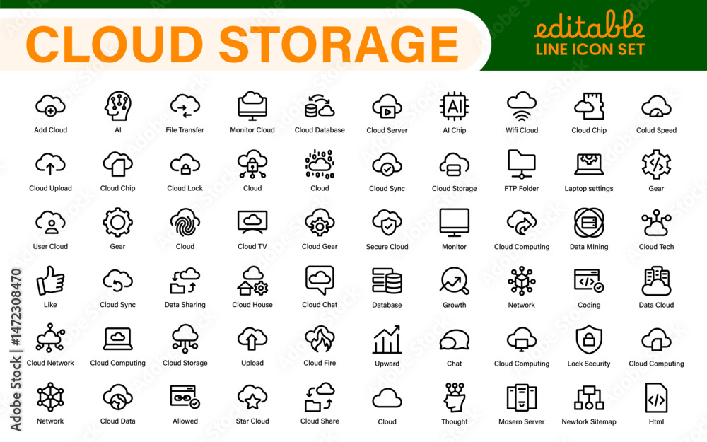 Poster cloud storage backup icon set – minimal outline vector illustrations for secure data, sync, upload, 