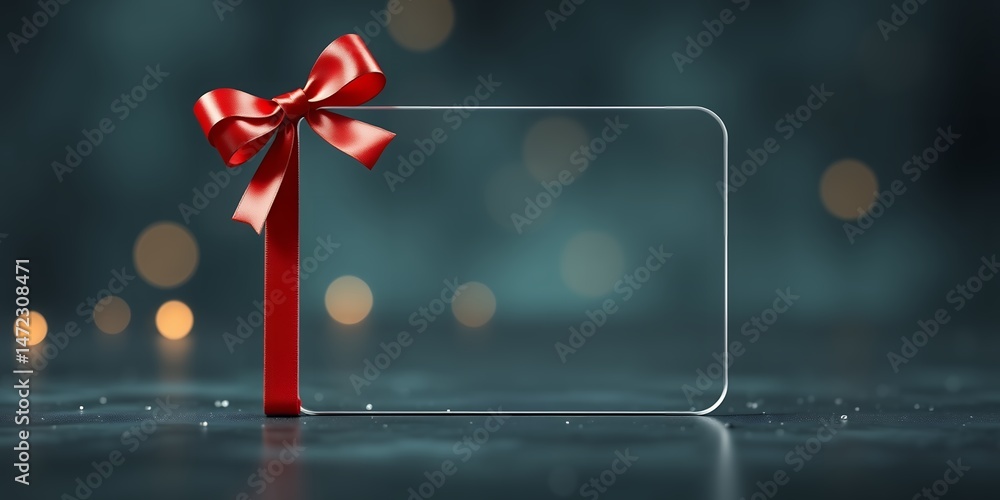 Poster clear card with red ribbon bow against a blurred background with bokeh lights effect