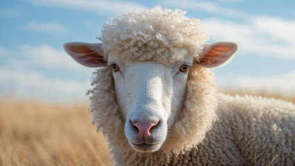 Fototapeta premium Gentle Sheep with Brown Eyes in a Field 