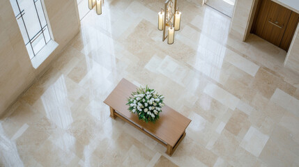 Overhead view of a wooden table with a bouquet of white flowers, situated in a spacious, elegant hall with beige marble flooring and large windows. : Generative AI