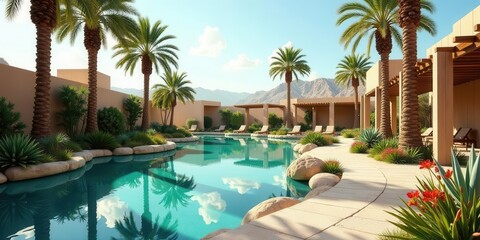 Fototapeta premium Serene Oasis Luxury Resort Poolside Relaxation with Palm Trees and Sun-Drenched Patio