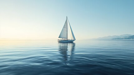 Fototapeta premium The white sailboat sailed on the calm blue sea, the clear sky reflected in the soft light, and the sea and sky met in the distance.