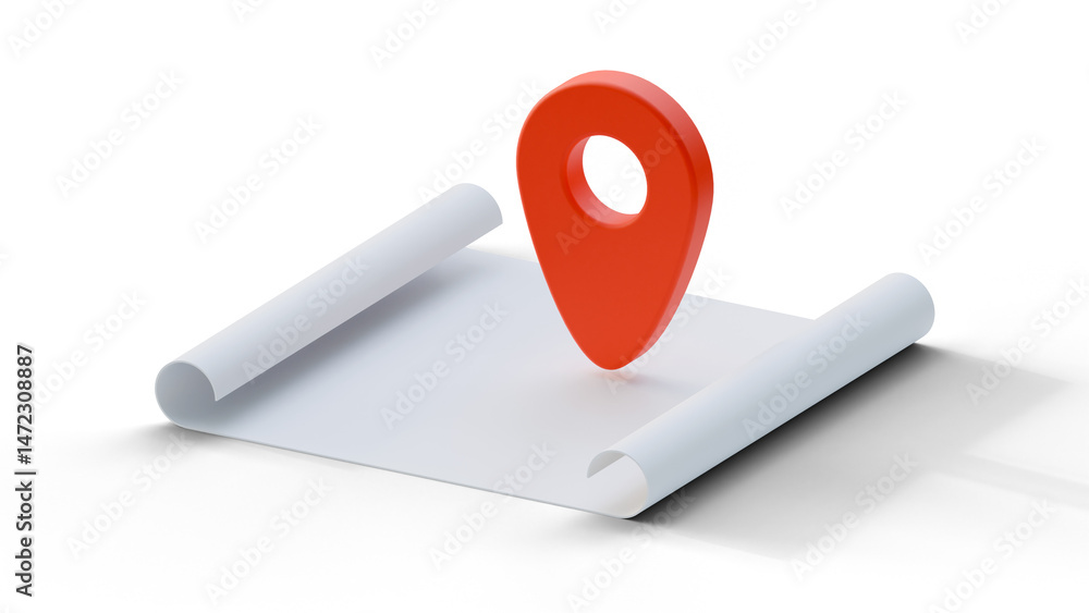 Poster map and location pointer on a isolated background. location pin on the rolled map. travel navigation