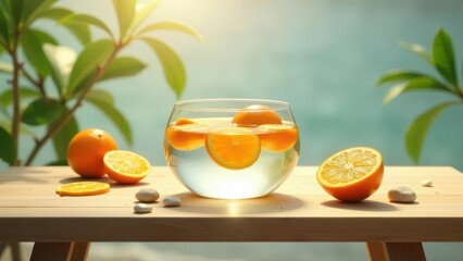 Naklejka premium Refreshing Citrus Infusion Sunlit Still Life with Sliced Oranges Floating in a Glass Bowl on a Wooden Table
