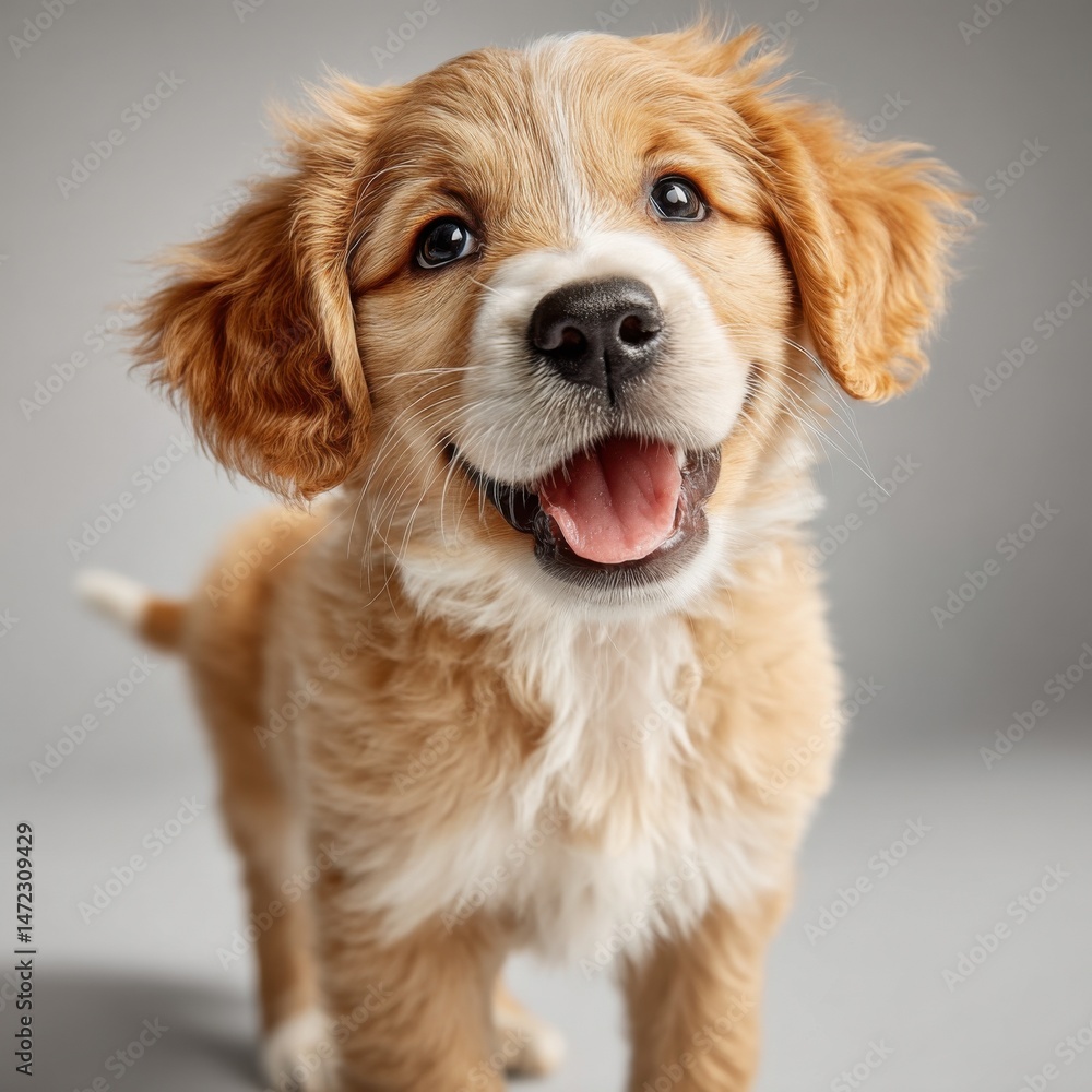 Poster adorable golden retriever puppy with fluffy fur and a happy expression, panting with its tongue out,