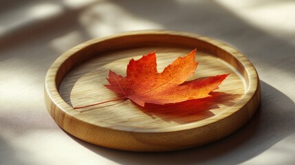 Autumn leaf in wooden dish, sunlight, shadows