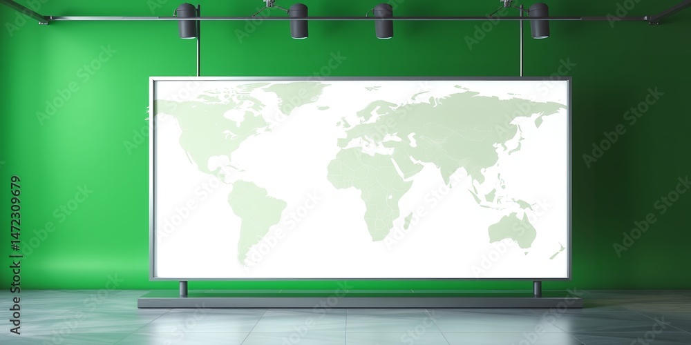 Aufkleber a world map on a screen in front of a green background with lights on a metal rail above it