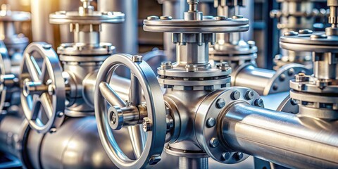 Close-up view of industrial pipe system with valve controls