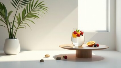 Fototapeta premium Refreshing Fruit Infused Water on a Wooden Display Stand with Smooth Stones and Lush Greenery