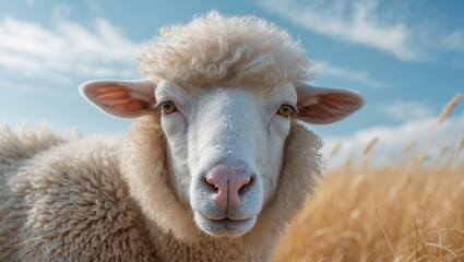 Close-Up Portrait of a White Sheep with Curly Wool