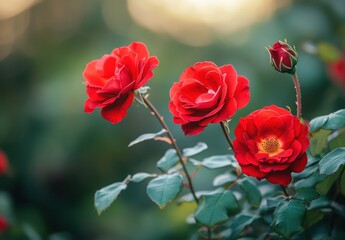 Vibrant Red Roses in Bloom Against a Soft Focus Green Background for Nature and Floral Design