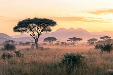 Serene African dawn.  Misty savanna at sunrise with acacia trees
