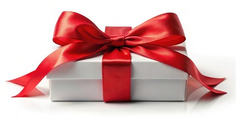 A pristine white gift box adorned with a vibrant red satin ribbon, tied in a perfect bow, conveys elegance and celebration