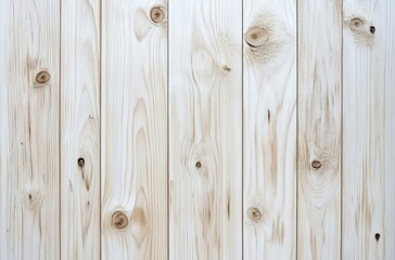 Fototapeta premium Close-up view of a light-colored wood plank wall, showcasing the natural grain and knots of the wood. The planks are vertically arranged, creating a textured surface ideal for backgro : Generative AI