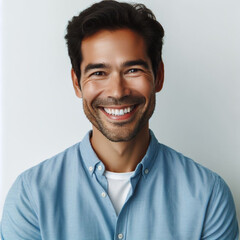Portrait of a cheerful man in a light blue shirt smiling confidently &ndash; studio headshot