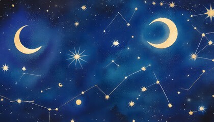 Cosmic batik pattern with stars, moons, and constellations