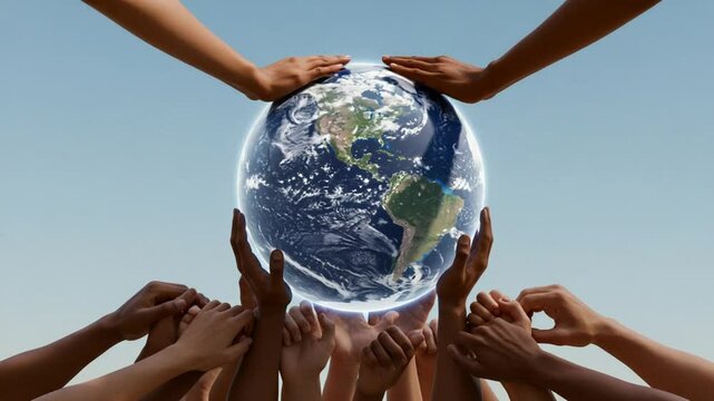 Diverse hands united holding globe for environmental support